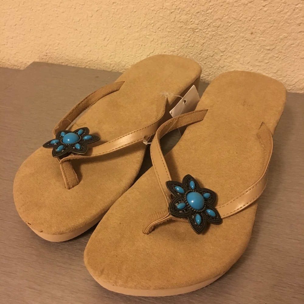 Nude Floral Wedge Sandals Size 7 Turquoise Accent 2” Wedge Boho Summer - Picture 3 of 5